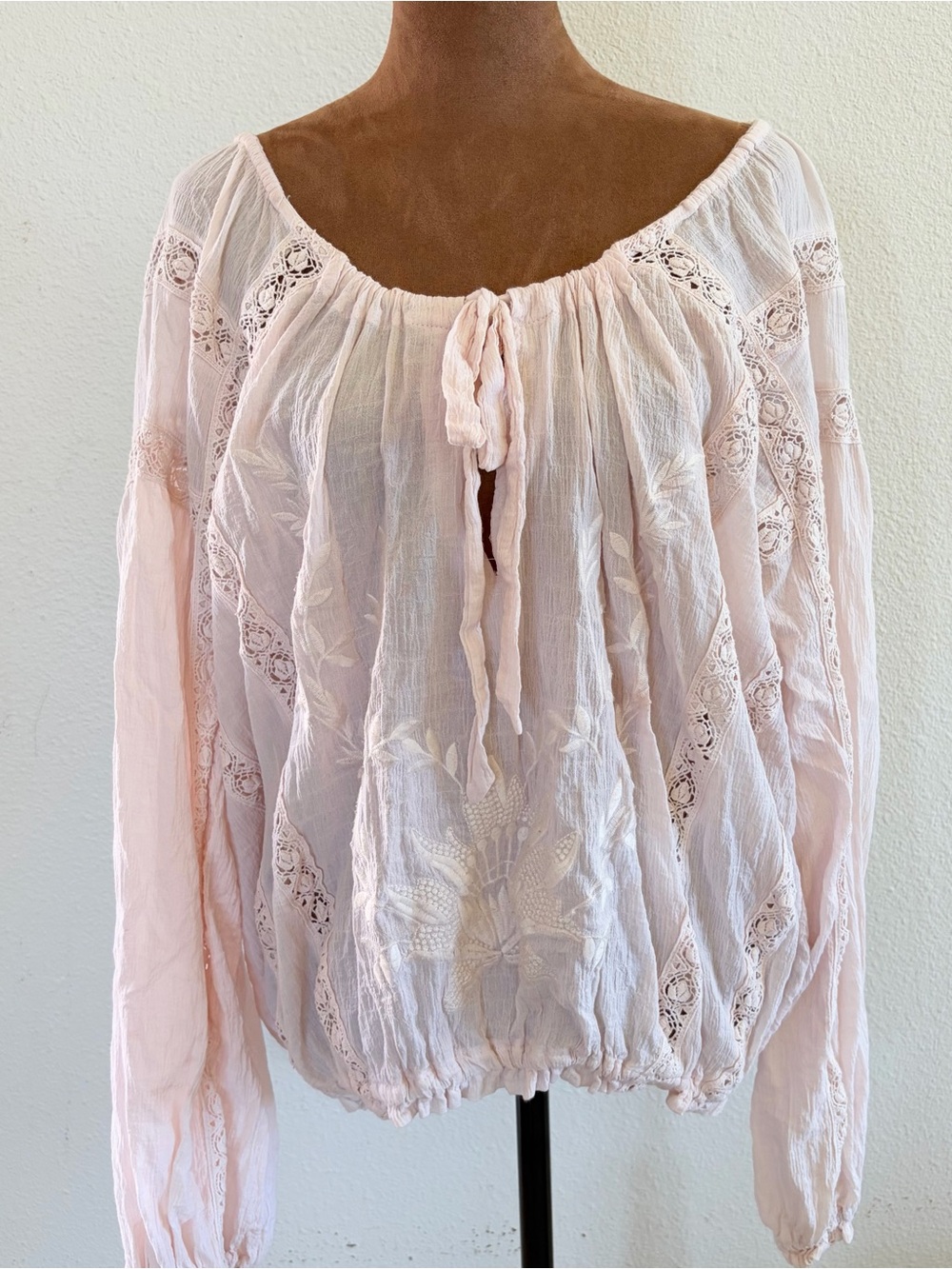 Free People Dusty Pink Peasant Blouse with Tie Neck